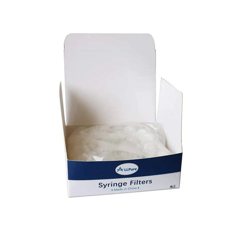 Open box of Hydrophobic PTFE Syringe Filters 13mm Diameter 0.22 Micron Pore for Industrial Filtration, Lab-Grade Pack of 100