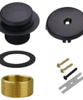 Single Hole Bathtub Drain Kit Silver Plastic Overflow, includes black push button, rubber gasket, brass adapter, and screws.