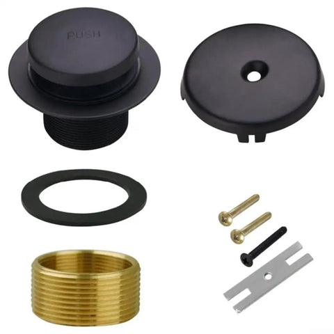 Single Hole Bathtub Drain Kit Silver Plastic Overflow, includes black push button, rubber gasket, brass adapter, and screws.