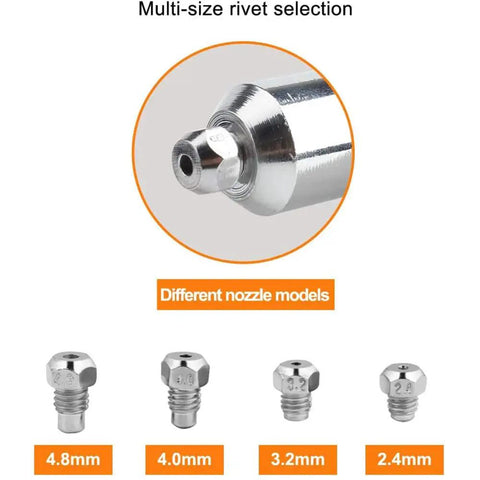 Rivet Gun Adapter Kit With Handle Grip Riveter Drill Attachment For Cordless Electric Drills showing multi-size rivet nozzles