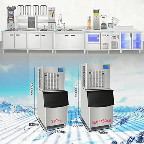 Heavy Duty Commercial Ice Maker Churns Out Six Hundred Ninety Three Pounds Of Granular Ice Daily With A Beefy Two Hundred Eighty Six Pound Storage Bin Plus Free Filter And Scoop For Bars And Restaurants Running Super Smooth On Standard One Ten Volt displayed in a commercial kitchen setting.