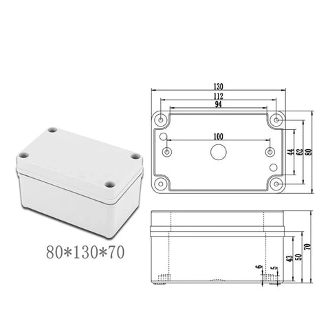 White ABS plastic outdoor waterproof junction box with screw holes, 80×130×70 mm, isometric view