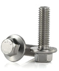 Badass M6X20mm Flanged Hex Bolts Stainless Steel 304 Heavy Duty Fasteners With Integrated Flange Base Zero Rust Guarantee For Truck Mods And Shop Projects 25 Piece Set close-up of two bolts.