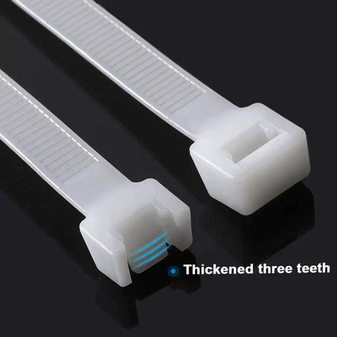 Close-up of 16 Inch Heavy Duty Cable Ties 100 Pack Self Locking Nylon Wire Ties White With 70 Pound Tensile Strength Heat And UV Resistant