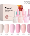 Six Color Hema Free Pink Gel Nail Polish Set With Soak Off Formula Vibrant Light Pink Gel Colors Includes LED Lamp And Easy DIY At Home Manicure Kit For Women And Gals.