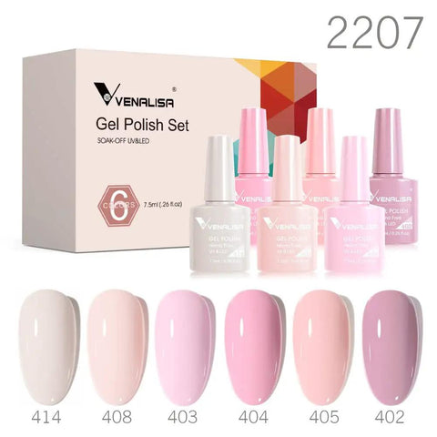 Six Color Hema Free Pink Gel Nail Polish Set With Soak Off Formula Vibrant Light Pink Gel Colors Includes LED Lamp And Easy DIY At Home Manicure Kit For Women And Gals.