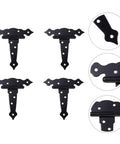 Tough Black Iron Barn Door Hinges With Smooth Silent Ride For Heavy Duty Wood Gate Hardware Featuring Offset Mounting Holes And No Fuss Rustic Decor Strap Design, showing multiple angles and details.