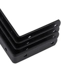 Heavy Duty L Shaped Corner Brackets For Wall Shelf Support showing three black steel braces with holes for easy mounting.