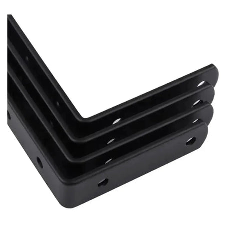 Heavy Duty L Shaped Corner Brackets For Wall Shelf Support showing three black steel braces with holes for easy mounting.