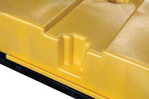 Two Drum Spill Platform With Drain And Forklift Pockets Built Tough Heavy Duty Containment Tray For Quick Spill Control 30 Gallon Sump 5,000 Lb Load Dimensions 26.25 x 51 x 6.5 Inches Made In USA Yellow