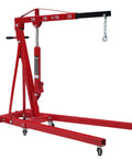 Top Shelf 2 Ton Steel Garage Engine Hoist With Folding Frame And Hydraulic Long Ram Jack, red crane with dolly wheels.