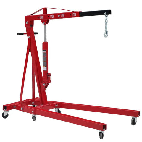 Top Shelf 2 Ton Steel Garage Engine Hoist With Folding Frame And Hydraulic Long Ram Jack, red crane with dolly wheels.