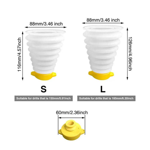 Silicone Drill Dust Cover Baffle With Quick Attach Dust Collector sizes S and L shown for various drill fits