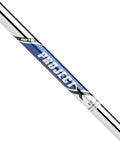 Heavy Duty Steel Golf Iron Shafts Set Of Six Five Through Pitch Wedge Six Five X Stiff Flex 355 Taper Tip Chrome Shafthead close-up.