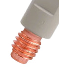 Close-up of coated copper welding nozzle for high precision automotive and metal fabrication, showing detailed threads.