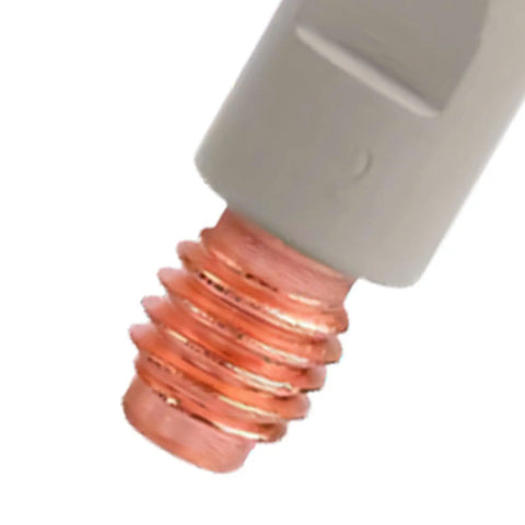 Close-up of coated copper welding nozzle for high precision automotive and metal fabrication, showing detailed threads.