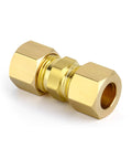 Brass compression tube coupler with hex ends for 5/8 in tube OD.