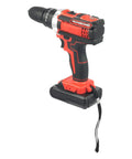 Cordless Drill Set Powerhouse Dual Speed Battery Driver With Three Eighth Inch Keyless Chuck Led Light Tough Nylon Case For Making Short Work Of Wood Tile Plastic Diy Repairs At Home side view with black and red design