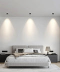 LED Recessed COB Spotlight illuminating a modern bedroom with a sleek gray bed and soft white walls.