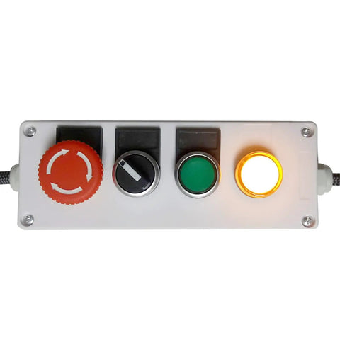 Must Have Push Button Control Station With Emergency Stop Mushroom Latching, 22mm panel, showing controls on white rectangular box.