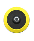 Top view of a 2 Pack 5 Inch Hook And Loop Sanding Pad Backing Plate with a yellow polyurethane edge and 5/8-11 threads.