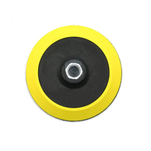 Top view of a 2 Pack 5 Inch Hook And Loop Sanding Pad Backing Plate with a yellow polyurethane edge and 5/8-11 threads.