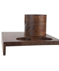 Heavy Duty Wooden Knock Box And Espresso Tamper Station Delivers Smooth Operator Vibes Straight To Your Kitchen Counter, featuring polished walnut with two tool slots.