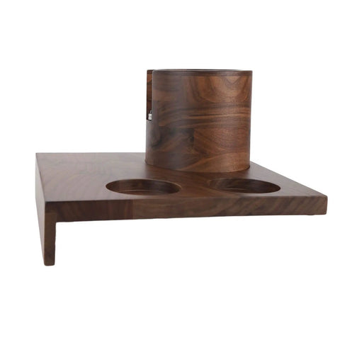 Heavy Duty Wooden Knock Box And Espresso Tamper Station Delivers Smooth Operator Vibes Straight To Your Kitchen Counter, featuring polished walnut with two tool slots.