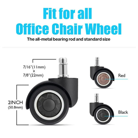 Five Pack 2 Inch Soft TPR Rubber Silent Office Chair Casters Universal Swivel Replacement Wheels in black, red, and brown.