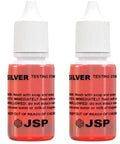 Two red silver testing solution bottles with white caps, JSP brand