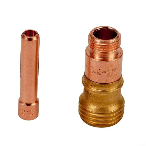 Stout 9-Piece TIG Welding Accessories Kit With #12 Glass Cup For WP-17 And WP-18 Torch Setup showing copper collet and body for TIG welding.