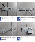 Installation process of stainless steel door hasp latch with screws, brushed finish, showing steps for secure installation on a door.
