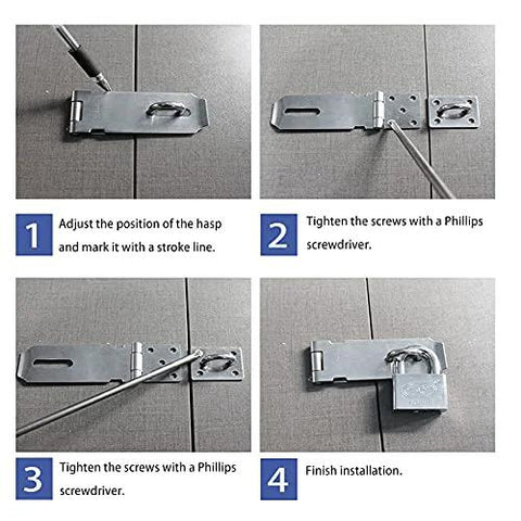 Installation process of stainless steel door hasp latch with screws, brushed finish, showing steps for secure installation on a door.