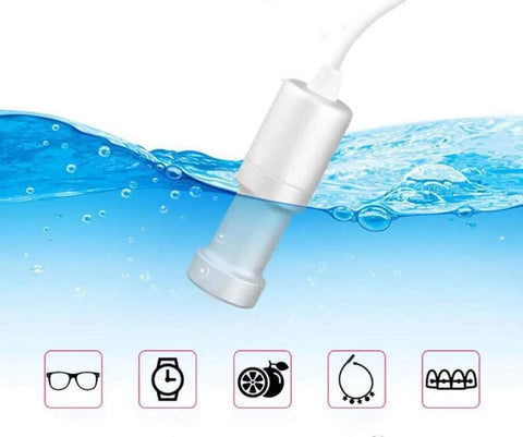 Ultra Portable Ultrasonic Cleaner Pro Mini Immersible Cleaning Machine in water, icons showing uses for glasses, watches, jewelry, fruit.