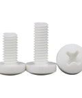 Top Shelf M4x16 Polypropylene Phillips Pan Head Screw Kit With Solid Nuts And Washers Non Conductive Metric Fasteners showing white screws.