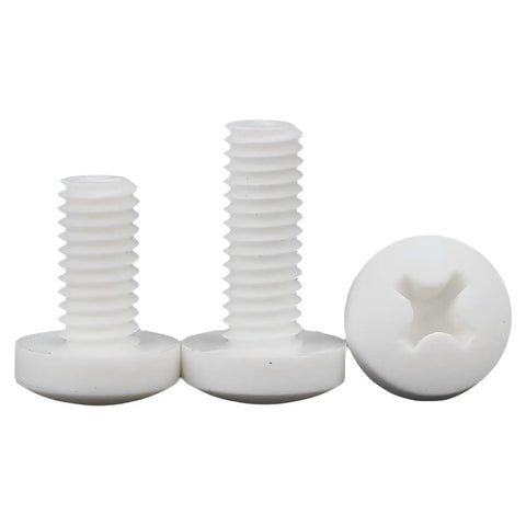 Sweet Deal 100 Piece M3X25 Polypropylene Phillips Pan Head Screws With Matching Nuts And Washers Serve Slick Rock Solid Non Conductive Fasteners For Electronics Projects, showcasing white screws with pan heads.