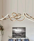 Sleek Modern Pendant Lamp Led Ceiling Hanging Light For Dining Room, Adjustable Drop Cord Setup, Chic Indoor Fixture That Brings A Clean Vibe To Your Everyday Home Space And Looks Amazing, gold and white design over dining table.
