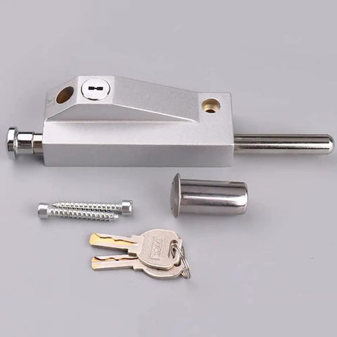 Hella Tough Zinc Alloy Gate Latch With Heavy Duty Spring Bolt For Garden Driveway And Garage Doors Anti Theft Corrosion Resistant Surface Mount Hardware featuring keys, screws, and a silver latch mechanism.