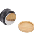 Dual Head Espresso Coffee Distributor And Adjustable Tamper With Bamboo Base showing tamper and bamboo base for consistent espresso pulls.