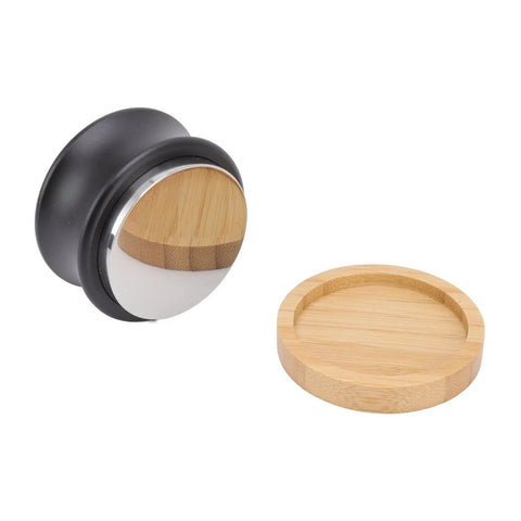 Dual Head Espresso Coffee Distributor And Adjustable Tamper With Bamboo Base showing tamper and bamboo base for consistent espresso pulls.