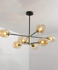 Mid Century Sputnik Chandelier Featuring Five Handblown Smoke Grey Glass Shades And Telescoping Chain Soft Golden Glow E27 Compatible viewed from below, showcasing the elegant iron frame and soft lighting.