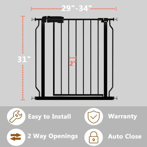 Walk Through Baby Gate For Stairs Expands From 29 To 34 Inches Wide Pressure Mounted Safety Gate With Door No Drill Tough Tension Metal Gate Ideal For Homes With Dogs And Toddlers Stands About 30 Inches Tall measuring 31 inches in height with icons showcasing features like easy install and auto close