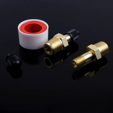 Two Pack One Quarter Inch NPT Tank Valve To Standard Schrader Brass Valve Adapter, Anti Corrosion Brass, Includes Two Caps And Teflon Tape, Easy Install For Air Compressor Tanks on a black background.