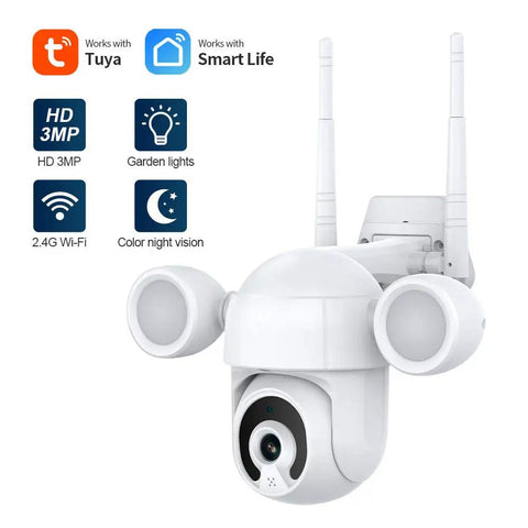 2K 3MP Outdoor WiFi Floodlight Security Camera With PTZ, all weather build, displayed with Tuya Smart Life compatibility icons