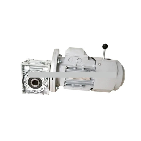 Gray DC motor with attached gearbox and electromagnetic clutch/brake assembly, side view