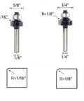 Badass Roundover Router Bit Set With Six Extra Guide Bearings And Heavy Duty Carbide Edge Forming Bits, 1/4" shank size, showing profile dimensions.