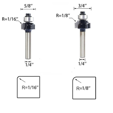 Badass Roundover Router Bit Set With Six Extra Guide Bearings And Heavy Duty Carbide Edge Forming Bits, 1/4" shank size, showing profile dimensions.