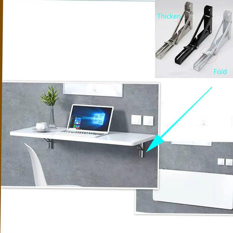 Heavy Duty Stainless Steel Shelf Brackets L Shaped Wall Support Corners With Kickass Rust Proof Finish For Kitchen And Bedroom Shelving Solid Anti Corrosion Mounting Hardware Pair supporting a white foldable shelf with a laptop.
