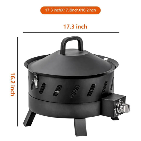Smokeless Portable Propane Fire Pit For Outdoor Use With Lid And Handle Seventeen Point Three Inch Gas Fire Bowl dimensions.