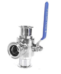 1.5-inch sanitary tri-clamp ball valve, 3-way T-port, blue lever, stainless steel 304, PTFE-lined.